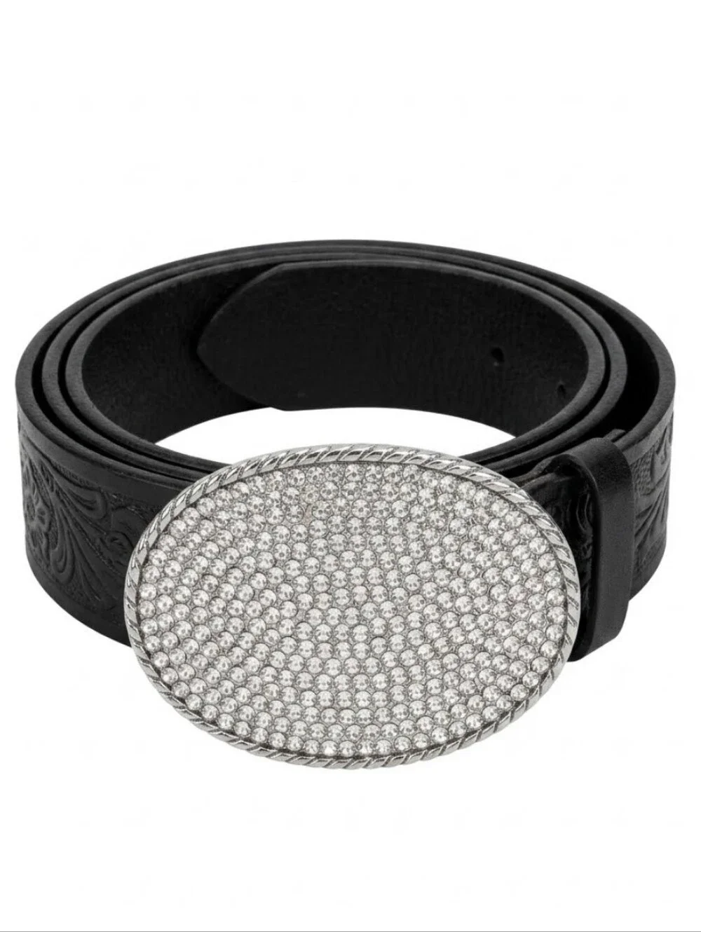 Nine West  Black Leather Belt with Silver Crystal Oval Buckle